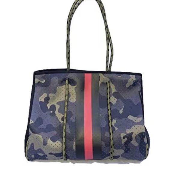 Dallas Hill Handbags - Neoprene Camouflage Tote with Red Stripe